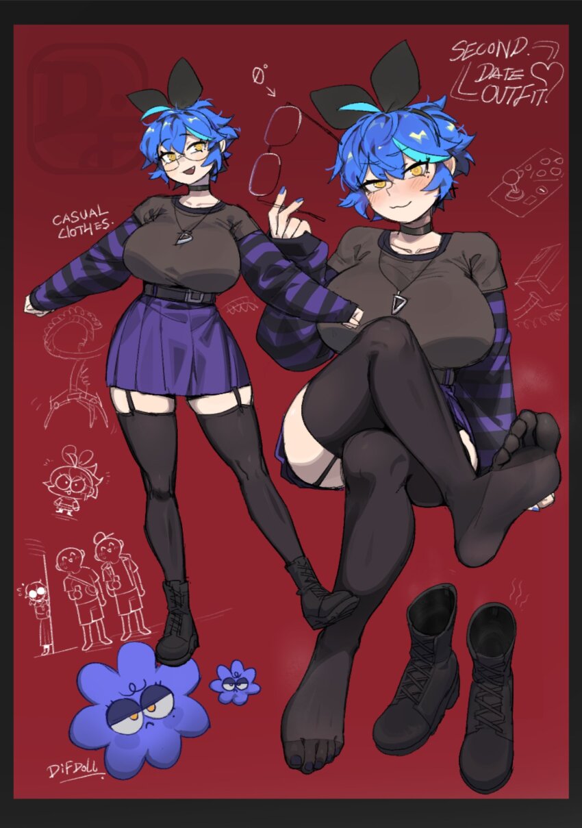 1girl blue_hair boots breasts crossed_legs dif_(difman) difman feet garter_straps glasses highres large_breasts light_blush looking_at_viewer medium_hair original see-through_clothes see-through_legwear shoes smie soles steam thighhighs toes unworn_boots unworn_shoes yellow_eyes