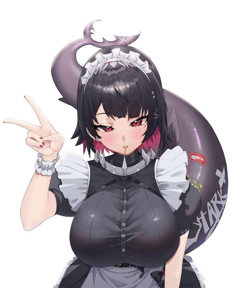 1girl absurdres black_hair bluepaint blush breasts candy commentary_request earrings ellen_joe fins fish_tail food food_in_mouth highres jewelry korean_commentary large_breasts lollipop maid_headdress mole mole_under_eye purple_nails shark_tail short_hair simple_background solo tail v white_background wrist_cuffs zenless_zone_zero