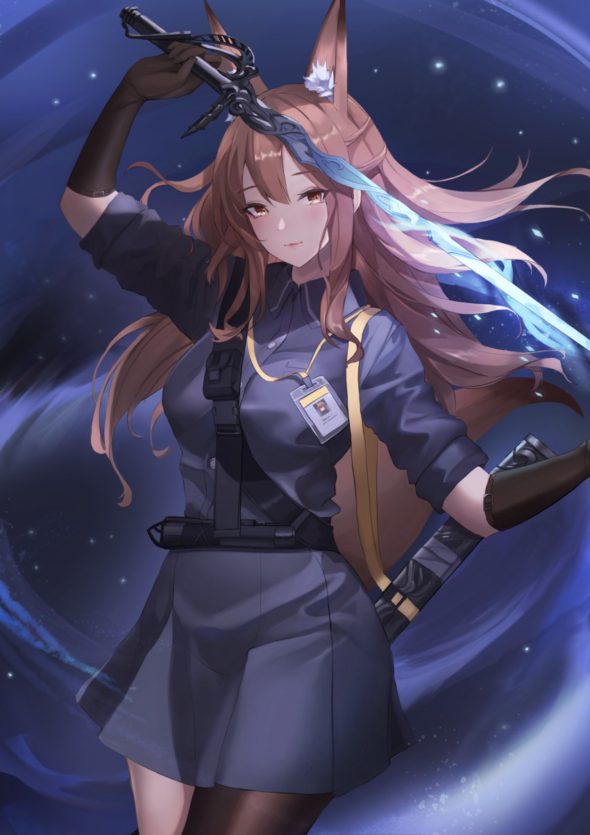 1girl animal_ear_fluff animal_ears arknights asymmetrical_legwear black_gloves black_thighhighs blush breasts brown_eyes brown_hair collared_shirt eru_(eru_illust) fox_ears fox_tail franka_(arknights) gloves glowing glowing_sword glowing_weapon hair_between_eyes highres holding holding_sword holding_weapon id_card long_hair looking_at_viewer medium_breasts pouch sheath shirt skirt smile solo sword tail thighhighs uneven_legwear weapon