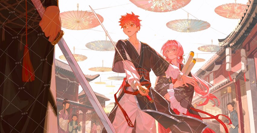 1girl 2boys blush bow breasts building cloud cloudy_sky couple cross cross_print day duel emiya_shirou faceoff fate/stay_night fate_(series) frilled_umbrella frills hair_ornament halo haori highres holding holding_sheath holding_sword holding_weapon japanese_clothes katana kimono long_hair long_sleeves momomiya_shizuku_(gaoyue_jixiang) multicolored_hair multiple_boys oc_x_canon oil-paper_umbrella open_mouth orange_hair original outdoors parasol pastels pink_eyes pink_hair pink_halo pink_umbrella plaid_clothes print_ribbon red_hair ribbon samurai scabbard seasons sheath sheathed sky sunlight sword tumbadama umbrella unsheathing vs weapon