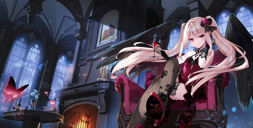1girl alcohol bare_shoulders black_wings blonde_hair candle candlestand chair crossed_legs cup dress drinking_glass feathered_wings fire fireplace floral_print gloves high_heels highres holding holding_cup indoors long_hair looking_at_viewer miyase_mahiro original picture_frame red_dress rose_print sitting sleeveless sleeveless_dress solo thighhighs very_long_hair wine wine_glass wings