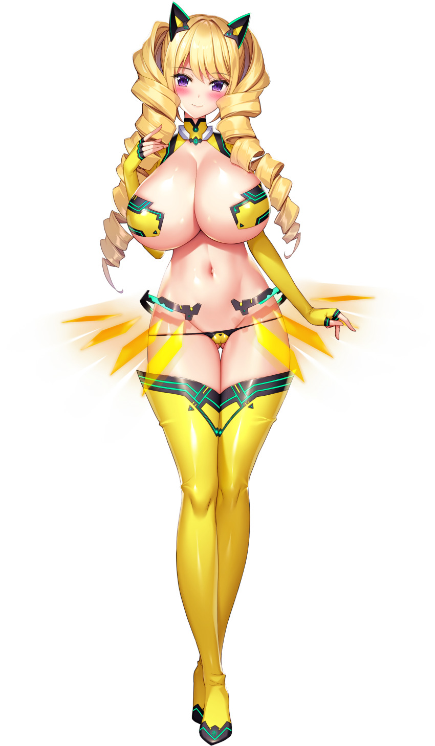 1girl absurdres animal_ears ass bikini blonde_hair blush boots breasts cat_ears cleavage closed_mouth derauea drill_hair fingerless_gloves full_body game_cg gloves gluteal_fold high_heel_boots high_heels highres holographic_clothing huge_breasts long_hair looking_at_viewer mechanical_ears milk_factory motto!_haramase!_honoo_no_oppai_chou_ero_appli_gakuen! navel non-web_source official_art power_suit purple_eyes skindentation skirt smile solo sonomiya_yukari sprite standing swimsuit tachi-e thigh_boots transparent_background twin_drills yellow_bikini yellow_boots yellow_shrug