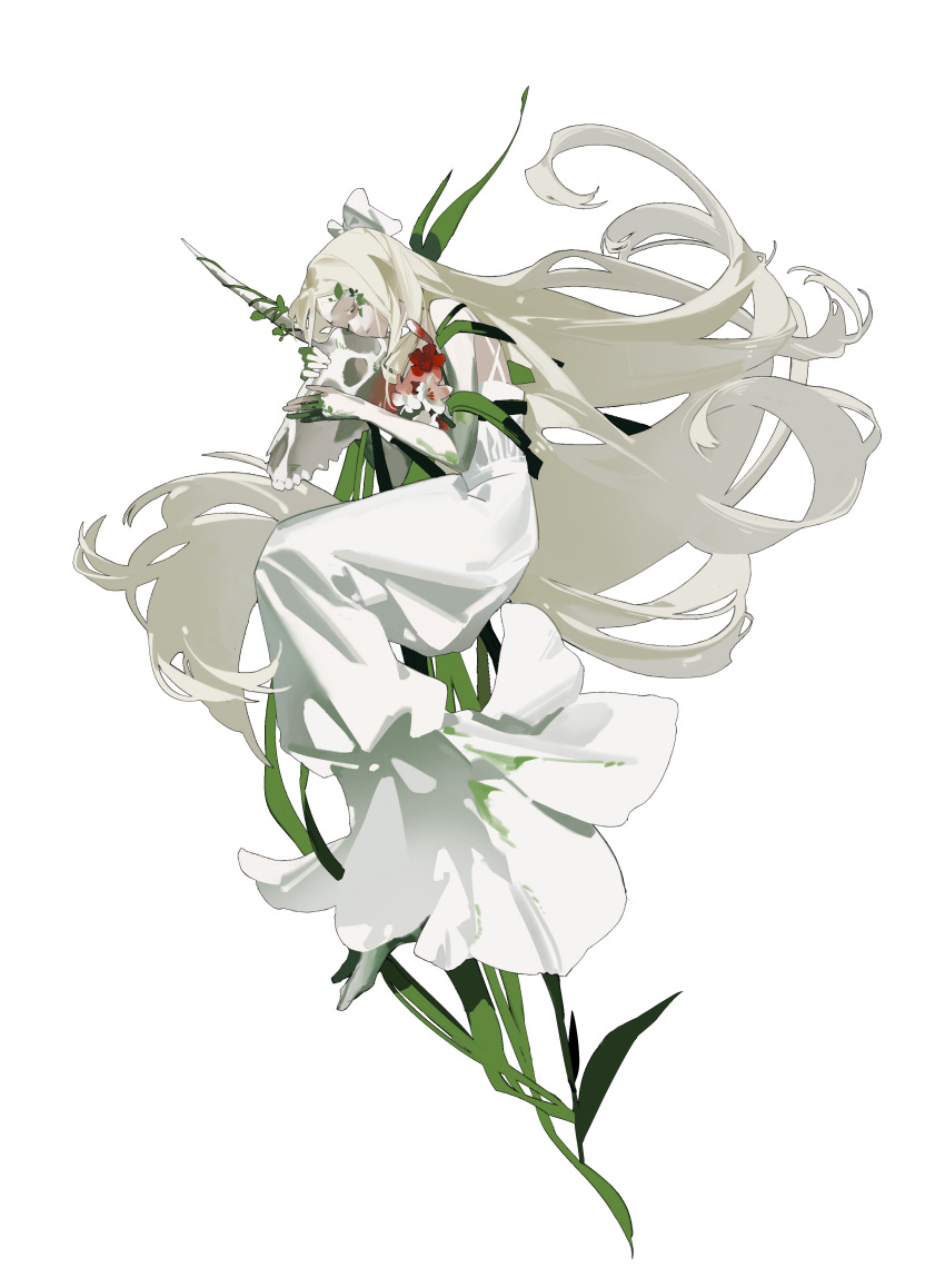 1girl absurdres animal_skeleton blonde_hair blood_on_flower bow closed_eyes commentary curled_up dress elbow_gloves flower forehead full_body gloves gown hair_bow highres leaf long_dress long_hair lying on_side original parted_bangs sleeveless_gloves solo unicorn very_long_hair white_bow white_dress white_flower zhizhicyzey
