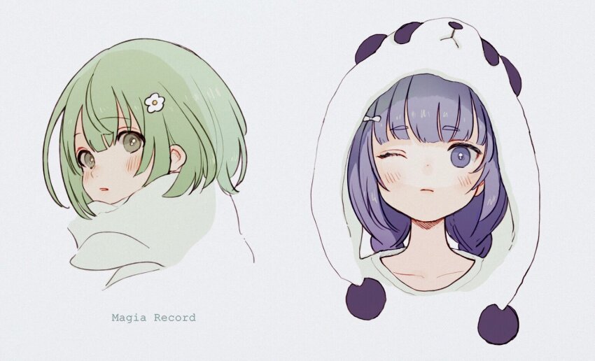 2girls blue_eyes blue_hair blunt_bangs braid chun_meiyui closed_mouth commentary_request copyright_name cropped_shoulders flower green_eyes green_hair grey_background hair_flower hair_ornament looking_at_viewer magia_record:_mahou_shoujo_madoka_magica_gaiden mahou_shoujo_madoka_magica multiple_girls natsume_kako one_eye_closed open_mouth panda_hat pom_pom_(clothes) portrait protected_link scarf short_hair simple_background twin_braids white_flower white_scarf yorunogumo