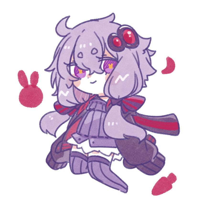 1girl ahoge arms_at_sides black_hoodie blush_stickers chibi closed_mouth commentary_request dress fu-ren full_body hair_ornament highres hood hood_down hoodie long_hair long_sleeves looking_at_viewer multicolored_eyes open_clothes open_hoodie orange_pupils purple_dress purple_eyes purple_hair purple_thighhighs rabbit-shaped_pupils rabbit_symbol ribbed_dress ribbed_thighhighs short_dress short_eyebrows short_hair_with_long_locks sidelocks simple_background sleeves_past_fingers sleeves_past_wrists smile solo symbol-shaped_pupils thighhighs two-tone_eyes vocaloid voiceroid white_background yuzuki_yukari