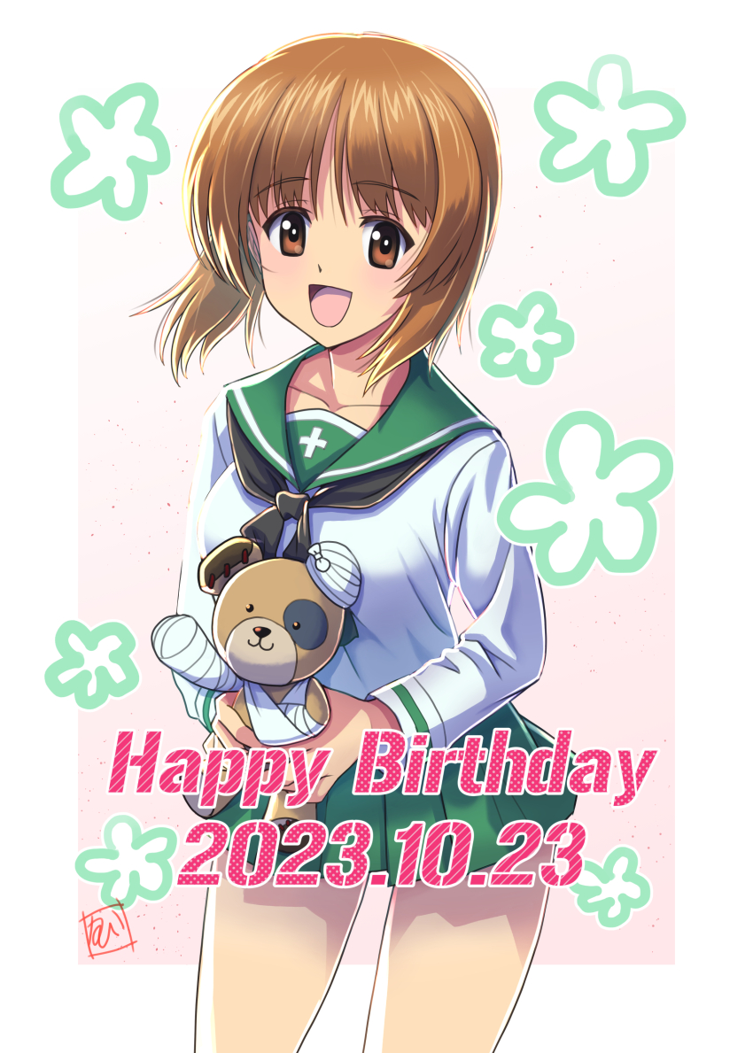 1girl absurdres artist_name birthday black_neckerchief blouse boko_(girls_und_panzer) brown_eyes brown_hair commentary_request cowboy_shot dated english_text girls_und_panzer green_skirt happy_birthday highres holding holding_stuffed_toy long_sleeves looking_at_viewer miniskirt neckerchief nishizumi_miho ooarai_school_uniform open_mouth partial_commentary pleated_skirt sailor_collar school_uniform serafuku shirt short_hair signature skirt smile standing stuffed_animal stuffed_toy t_k teddy_bear white_sailor_collar white_shirt
