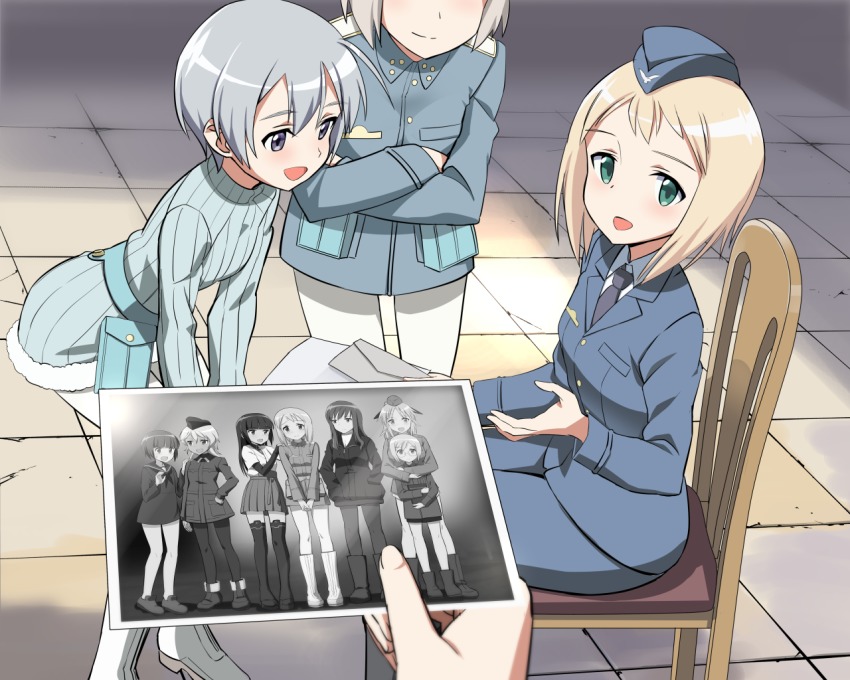 6+girls aged_up anabuki_tomoko black_legwear black_shirt blonde_hair blouse blue_shirt blunt_bangs blush bob_cut chair crossed_arms elizabeth_f._beurling elma_leivonen envelope frown garrison_cap giuseppina_ciuinni glasses green_eyes grey_eyes hakama hakama_short_skirt hakama_skirt hand_on_own_hip hands_in_pockets hat holding holding_paper hug hug_from_behind indoors insignia interlocked_fingers japanese_clothes kaneko_(novram58) katharine_o&#039;hare layered_sleeves leaning_forward long_hair long_sleeves looking_at_viewer looking_to_the_side military military_uniform multiple_girls no_pants open_mouth own_hands_together pantyhose paper partially_colored photo_(object) pouch pov pov_hands round_eyewear sakomizu_haruka shirt short_over_long_sleeves short_sleeves silver_hair sitting skirt smile standing strike_witches:_suomus_misfits_squadron thighhighs ursula_hartmann white_legwear white_shirt world_witches_series