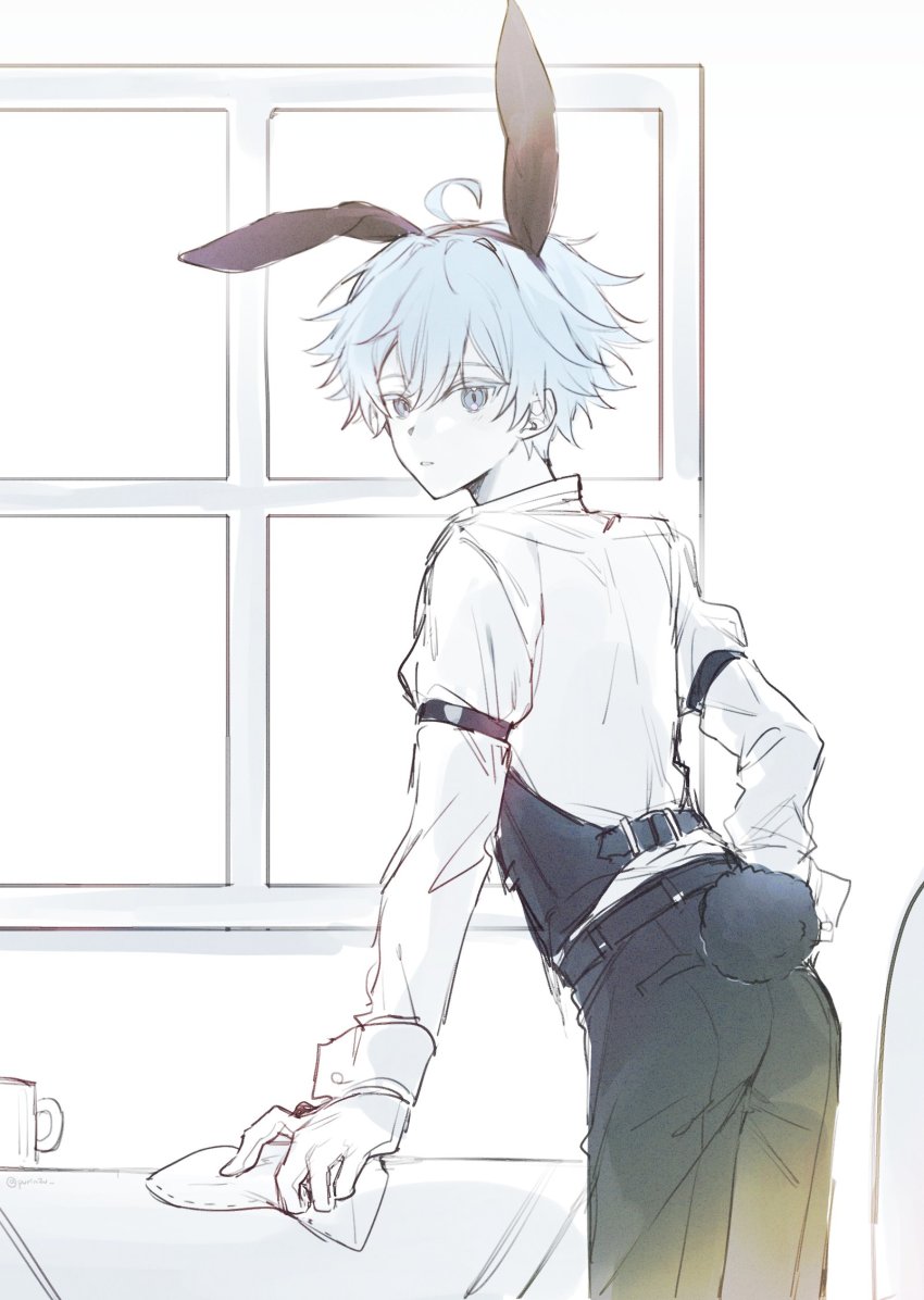 1boy ahoge animal_ears arm_strap black_hairband black_pants blue_eyes blue_hair chongyun_(genshin_impact) cleaning collared_shirt commentary cowboy_shot cup fake_animal_ears fake_tail genshin_impact gloves hair_between_eyes hairband highres holding indoors long_sleeves looking_at_viewer looking_back male_focus mug pants parted_lips purinzu rabbit_ears rabbit_tail cleaning_rag shirt short_hair sketch solo spot_color standing table tail white_gloves white_shirt window wrist_cuffs
