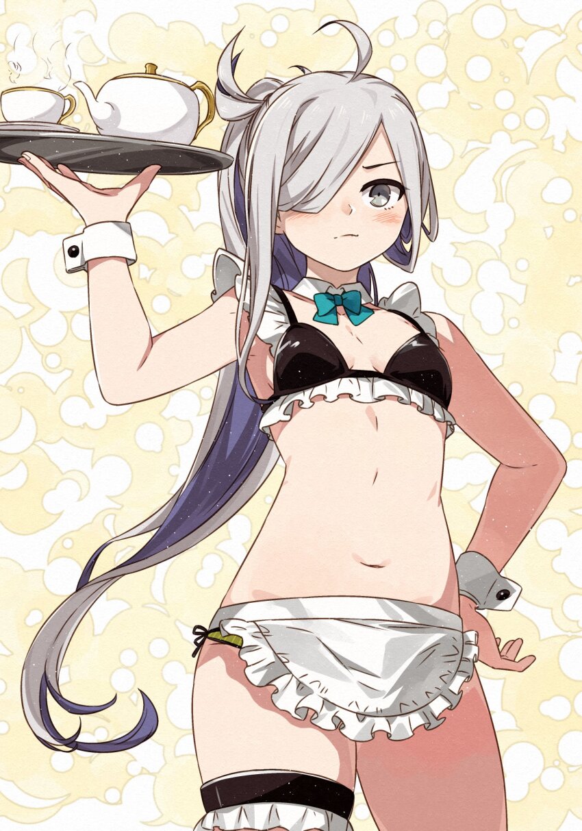 1girl ahoge alternate_costume apron aqua_bow aqua_bowtie asashimo_(kancolle) bikini black_bikini bow bowtie breasts contrapposto cup detached_sleeves enmaided frilled_apron frilled_bikini frills grey_eyes grey_hair hair_over_one_eye hand_on_own_hip highres kanmiya_shinobu kantai_collection long_hair maid maid_bikini ponytail small_breasts solo standing swimsuit tea_set teacup teapot unconventional_maid waist_apron white_apron wrist_cuffs