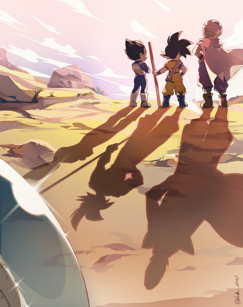 3boys absurdres armor black_hair blue_bodysuit blue_footwear bodysuit boots cape child cloud cloudy_sky colored_skin commentary contrail crossed_arms desert dougi dragon_ball dragon_ball_daima dragonball_z evening facing_away fisheye from_behind glint gradient_sky green_skin height_difference highres holding holding_staff holding_weapon horizon landscape lineup male_focus mountain mountainous_horizon multiple_boys outdoors pants piccolo pink_sky pointy_ears purple_pants purple_sky rock roku_(roku_0141) ruyi_jingu_bang saiyan_armor scenery shadow sheath sky son_goku spacecraft spiked_hair staff standing sunlight turban twitter_username vegeta weapon white_cape white_footwear wide_shot wristband