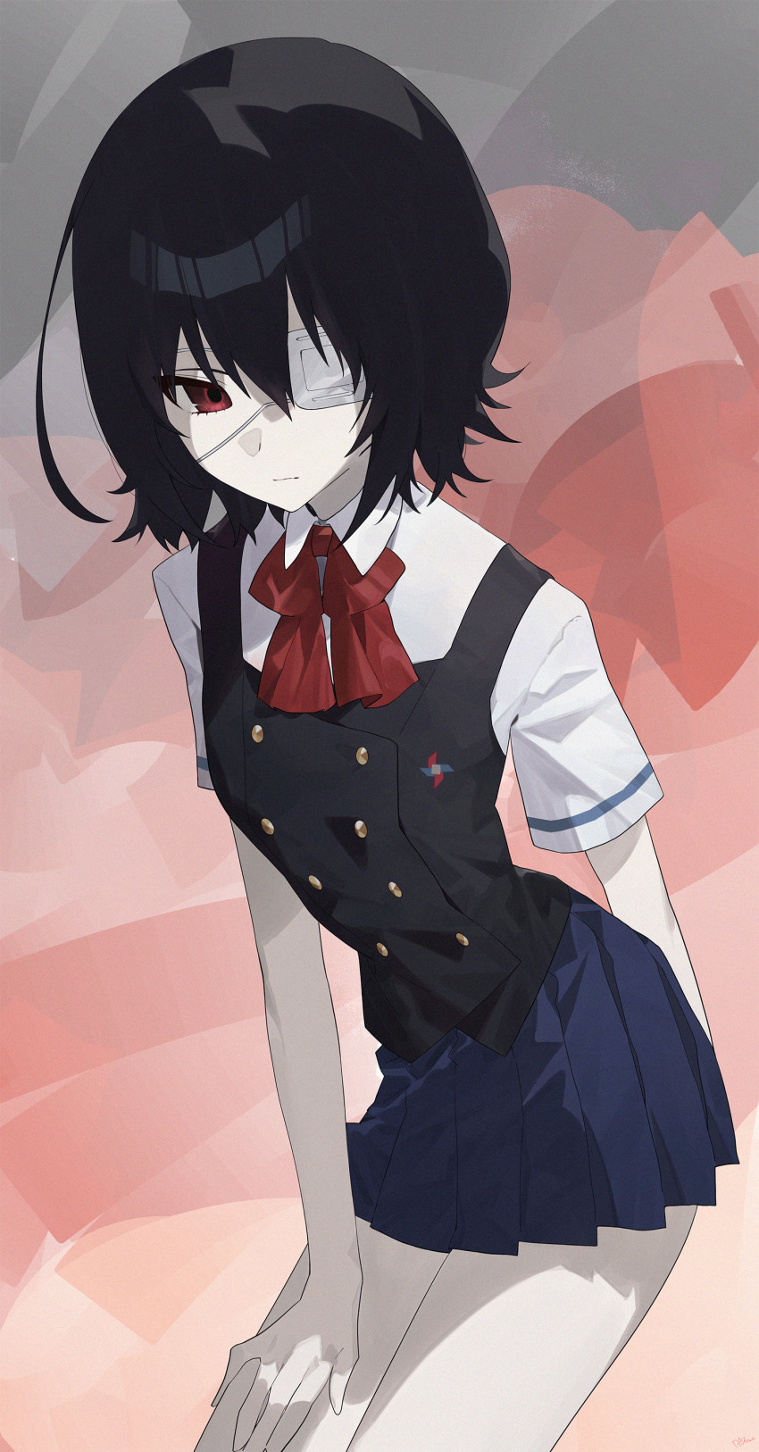 1girl absurdres another arm_behind_back black_hair blue_skirt bow bowtie buttons closed_mouth collared_shirt cowboy_shot double-breasted dress_shirt expressionless eyepatch grey_background hand_on_own_thigh highres kaa-san leaning_forward medical_eyepatch miniskirt misaki_mei pink_background pleated_skirt red_eyes school_emblem school_uniform shirt short_hair short_sleeves simple_background skirt solo summer_uniform thighs white_shirt wing_collar yomiyama_north_junior_high_school_uniform