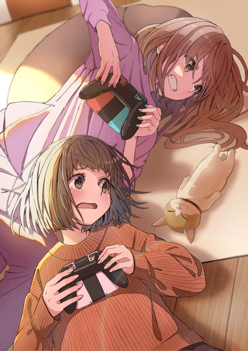 2girls animal black_hair blush brown_hair cat clenched_teeth controller distracted game_controller green_eyes highres holding holding_controller holding_game_controller indoors joy-con lens_flare long_sleeves looking_at_animal lying multiple_girls on_back on_side open_mouth original playing_games purple_nails purple_shirt ribbed_sweater rug shirt sunlight sweater tearing_up teeth toraneko wooden_floor