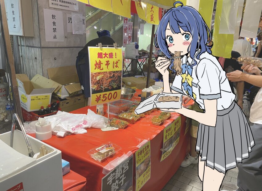 1girl ahoge blue_bow blue_eyes blue_hair blush bow chopsticks eating food food_stand grey_skirt highres holding holding_chopsticks holding_food holding_with_chopsticks leaning_forward make_heroine_ga_oo_sugiru! medium_hair photo_background pleated_skirt school_uniform shirt sketch skirt standing summer_uniform warder2013 white_shirt yakisoba yanami_anna yellow_bow