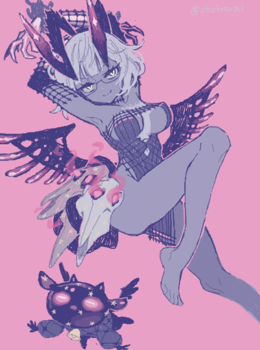 1girl baphomet_(fate) bare_legs barefoot breasts colored_skin creature dress fate/grand_order fate_(series) grey_hair grey_skin highres horns jacques_de_molay_(foreigner)_(third_ascension)_(fate) large_breasts looking_at_viewer oimo_(14sainobba) short_dress short_hair smile wings yellow_eyes