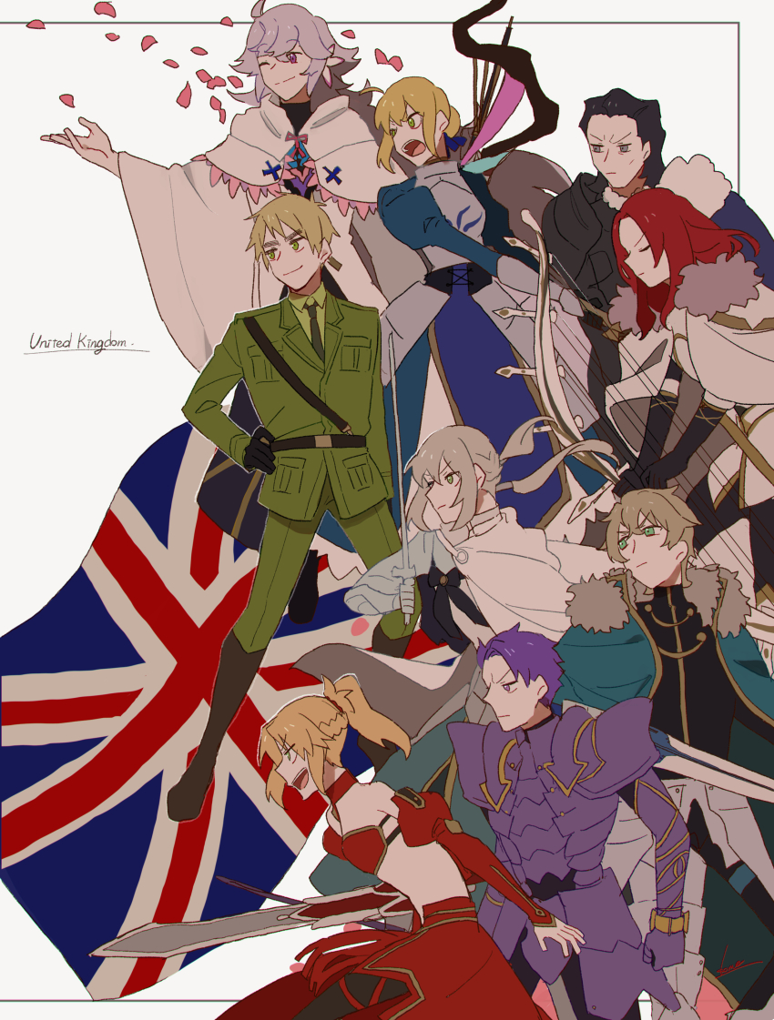 2girls 6+boys absurdres agravain_(fate) ahoge airgetlam_(fate) armor armored_dress artoria_pendragon_(fate) axis_powers_hetalia bandeau bedivere_(fate) black_hair blonde_hair bow_(weapon) cape clarent_(fate) closed_eyes country_connection crossover dress excalibur_galatine_(fate) failnaught_(fate) falling_petals fate/grand_order fate_(series) fur-trimmed_cape fur_trim gawain_(fate) gloves green_eyes grey_eyes hair_bun hair_ribbon highres holding holding_bow_(weapon) holding_staff holding_sword holding_weapon jacket knights_of_the_round_table_(fate) kome_043 lancelot_(fate/grand_order) long_hair long_sleeves merlin_(fate) mordred_(fate) multiple_boys multiple_girls necktie open_mouth pants petals ponytail prosthesis prosthetic_arm purple_eyes purple_hair red_hair ribbon robe saber_(fate) shirt short_hair sidelocks smile staff sword thick_eyebrows tristan_(fate) union_jack united_kingdom_(hetalia) weapon white_hair white_robe