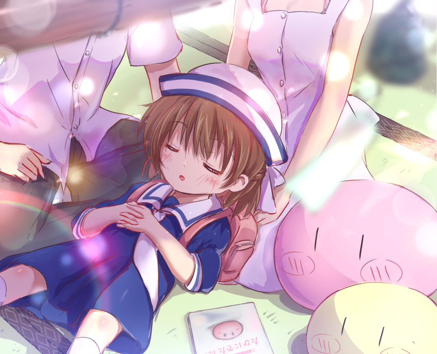 2girls brown_eyes brown_hair child clannad closed_eyes dango_daikazoku dress family father_and_daughter furukawa_nagisa hat mother_and_daughter multiple_girls okazaki_tomoya okazaki_ushio open_mouth pants sailor_dress sakura_t school_uniform shirt short_hair sleeping white_dress white_shirt