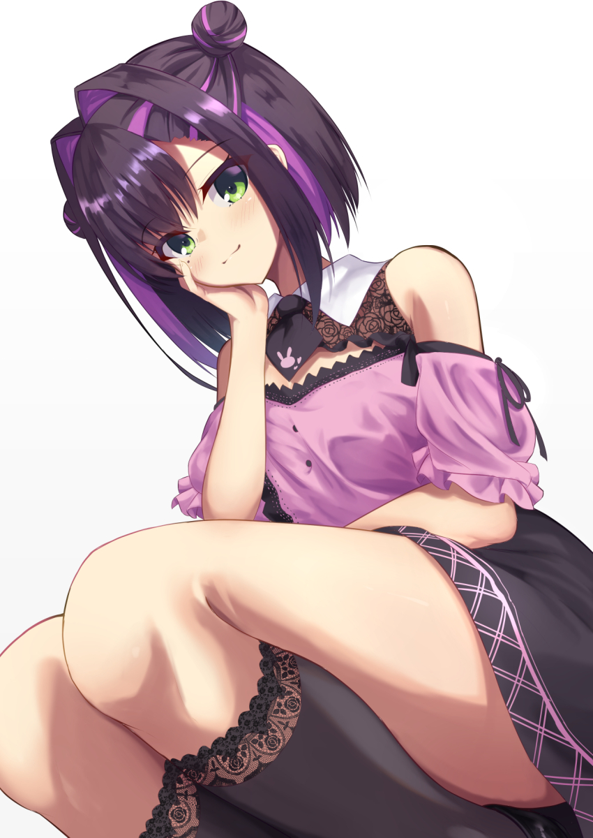 1girl :3 animal_print bare_shoulders black_hair black_necktie black_skirt black_socks blush calamity_saika closed_mouth colored_inner_hair commentary detached_collar double_bun dutch_angle feet_out_of_frame foreshortening frilled_sleeves frills from_below green_eyes hair_between_eyes hair_bun hair_intakes hand_on_own_cheek hand_on_own_face hand_up highres jirai_kei kneehighs limelight_lemonade_jam looking_at_viewer medium_hair mixed-language_commentary multicolored_hair nabari_anju necktie pink_shirt print_necktie purple_hair rabbit_print shirt short_necktie short_sleeves simple_background skirt smile socks solo split_mouth streaked_hair thighs two-tone_hair white_background