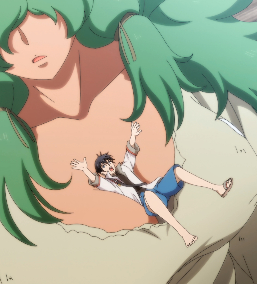 1boy 1girl breasts cleavage dione_nephilim giant giantess glenn_litbeit green_hair highres large_breasts monster_musume_no_oisha-san