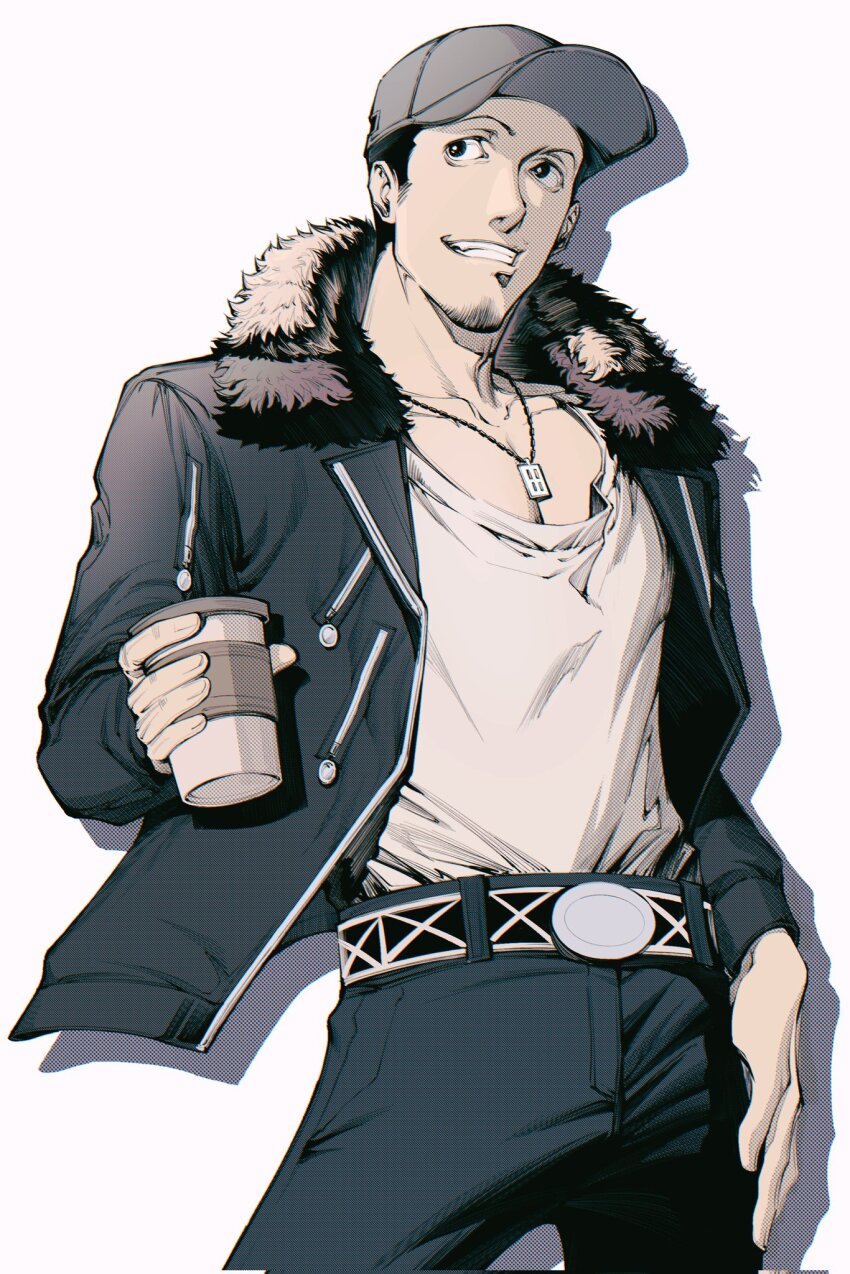 1boy baseball_cap belt belt_buckle black_hair black_jacket black_pants buckle collarbone cup disposable_coffee_cup disposable_cup facial_hair fur-trimmed_jacket fur_trim goatee_stubble grin halftone hat highres holding holding_cup iori_junpei jacket jewelry leather leather_jacket looking_to_the_side male_focus necklace official_alternate_costume oldkin pants persona persona_3 school_uniform shirt shirt_tucked_in short_hair simple_background smile solo stubble thumb_in_pocket white_background white_shirt