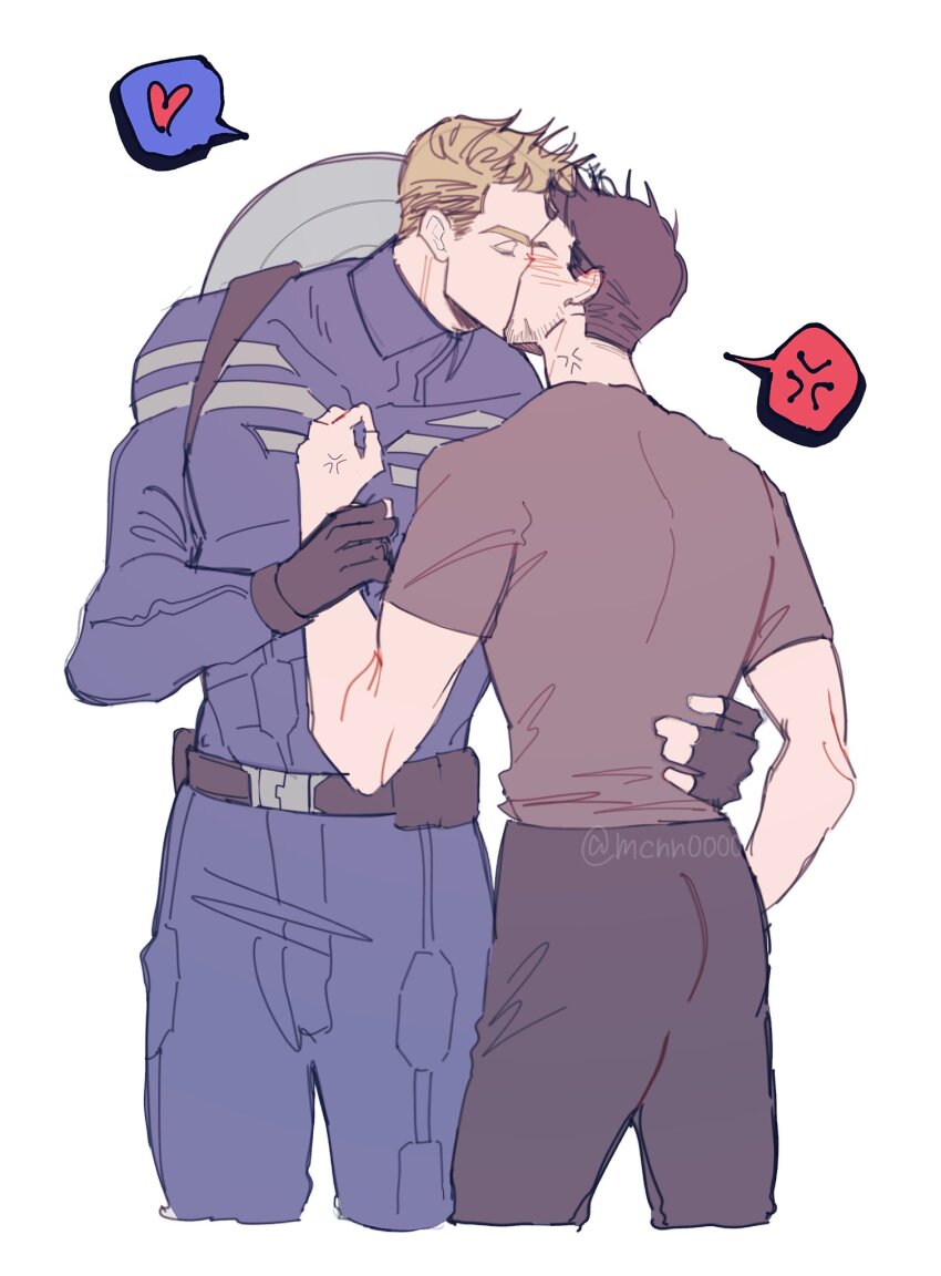 2boys anger_vein artist_name avengers_(series) back belt black_belt black_gloves black_pants blonde_hair blue_bodysuit blush bodysuit brown_hair captain_america closed_eyes commentary_request covered_collarbone cowboy_shot fingerless_gloves gloves grey_shirt hand_around_waist hand_up heart highres holding_another&#039;s_wrist kiss male_focus marvel marvel_cinematic_universe mcnn0000 multiple_boys pants pocket shield shield_on_back shirt short_hair short_sleeves simple_background spoken_anger_vein spoken_heart standing steve_rogers striped_bodysuit superhero_costume t-shirt tony_stark white_background yaoi