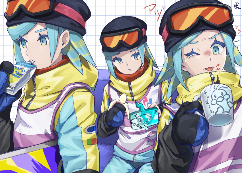 1boy :t altaria androgynous aqua_eyes aqua_hair banana beanie black_hat character_print closed_mouth commentary_request creatures_(company) cup drinking eating food fruit game_freak gen_3_pokemon gen_4_pokemon goggles goggles_on_headwear grid_background grusha_(pokemon) hat holding holding_cup hood hood_down hooded_jacket jacket male_focus medium_hair min_(myna8247) mug multiple_views nintendo one_eye_closed orange-tinted_eyewear pokemon pokemon_(anime) pokemon_horizons rotom rotom_phone snowboard tearing_up tinted_eyewear tongue tongue_out yellow_jacket zipper zipper_pull_tab