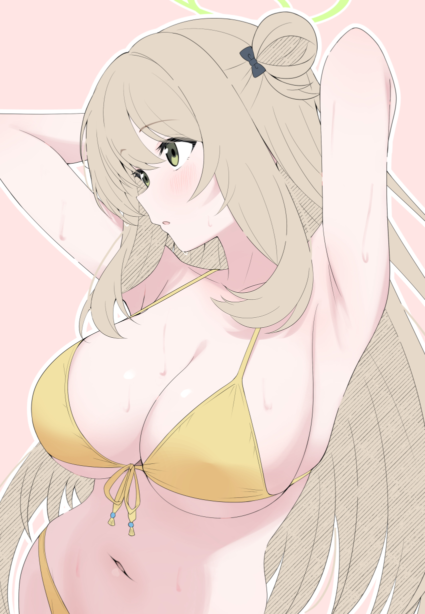 1girl absurdres armpits arms_behind_head bikini blue_archive breasts brown_hair commentary_request green_eyes green_halo hair_bun halo highres large_breasts long_hair mistel_(sukebemistel) navel nonomi_(blue_archive) nonomi_(swimsuit)_(blue_archive) official_alternate_costume pink_background simple_background single_hair_bun solo sweat swimsuit upper_body yellow_bikini
