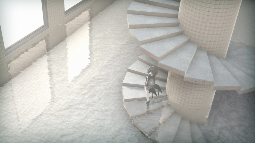 backrooms_(creepypasta) black_hair eyepatch guyca_braves highres kure_kirika long_coat magical_girl mahou_shoujo_madoka_magica mahou_shoujo_oriko_magica medium_hair pillar reflection reflective_water spiral_staircase stairs tile_wall tiles water window
