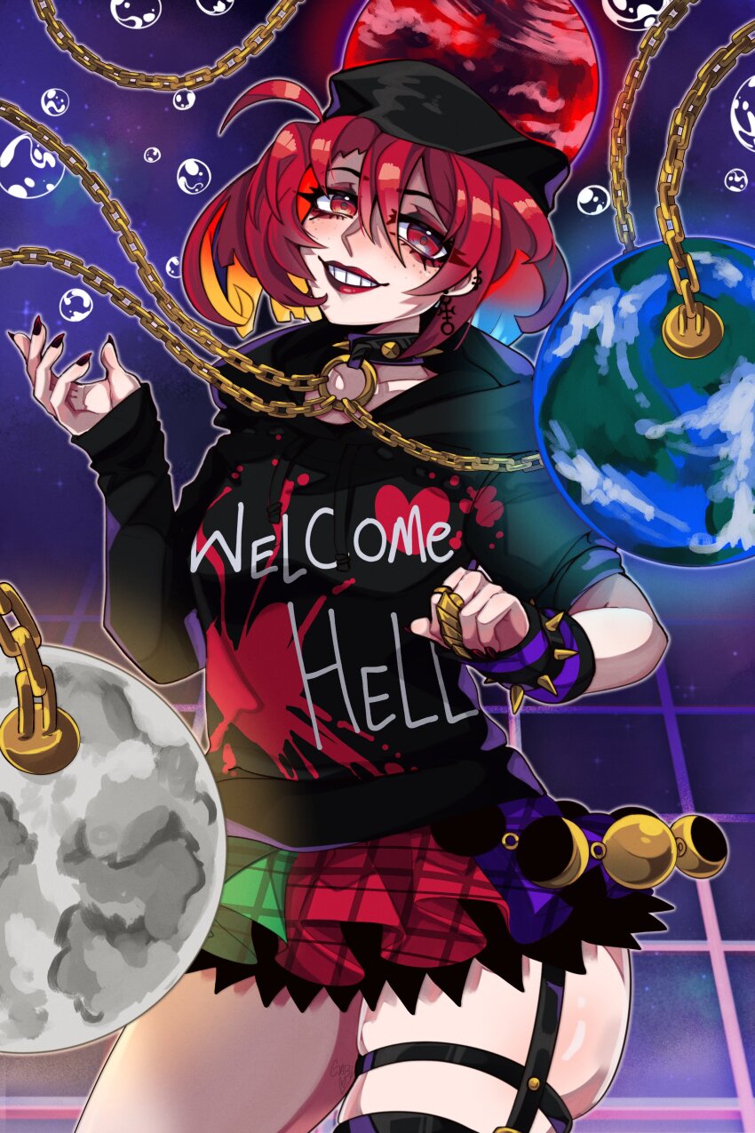 1girl absurdres adapted_costume asymmetrical_clothes black_garter_straps black_hoodie bracelet bubble chain choker claw_ring clothes_writing collar cowboy_shot earrings earth_(ornament) earth_(planet) eyeshadow fingernails garter_straps gold_chain green_skirt grin hand_up hat hecatia_lapislazuli highres hood hoodie jewelry looking_at_viewer makeup medium_hair miniskirt moon moon_(ornament) multicolored_hair multicolored_skirt multiple_earrings o-ring o-ring_choker plaid_clothes plaid_skirt planet purple_skirt red_eyes red_eyeshadow red_hair red_lips rinnytanart sharp_fingernails shirt short_sleeves simple_background skindentation skirt sleeves_past_wrists smile solo spiked_bracelet spiked_collar spikes standing t-shirt thick_thighs thighs touhou transparent_background two-tone_hair underworld_(ornament)