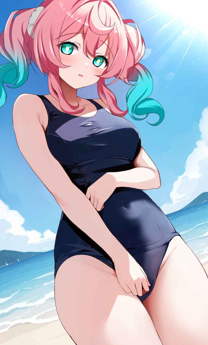 1girl alternate_costume aqua_eyes aqua_hair arm_under_breasts bare_shoulders beach blue_one-piece_swimsuit blue_sky breasts cloud commentary_request contemporary covered_navel cowboy_shot drill_hair hair_ornament hair_scrunchie highres honkai:_star_rail honkai_(series) hyacine_(honkai:_star_rail) long_hair looking_at_viewer medium_breasts mountainous_horizon multicolored_hair nyarumi ocean one-piece_swimsuit open_mouth outdoors pink_hair school_swimsuit scrunchie sky solo star_(symbol) star_in_eye sunlight swimsuit symbol_in_eye twin_drills twintails two-tone_hair water white_scrunchie