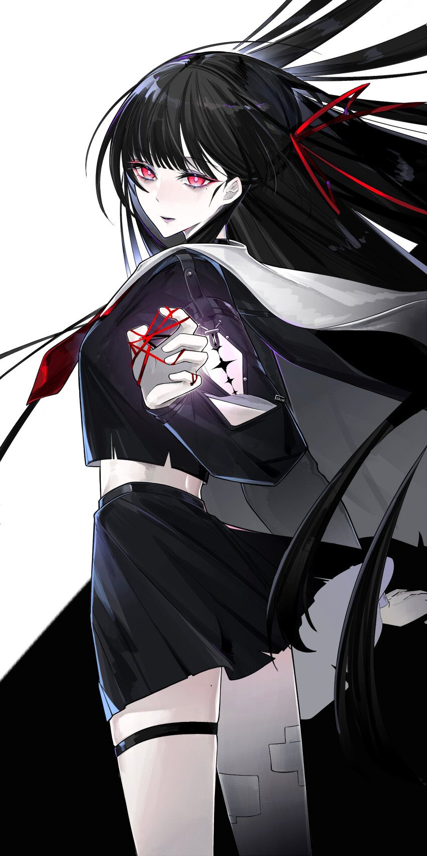 1girl absurdres arm_cutout black_hair black_shirt black_skirt chisa_(wuthering_waves) commentary crop_top from_side hair_ribbon hashtag-only_commentary highres long_hair long_sleeves mole mole_under_eye necktie parted_lips red_eyes red_necktie red_ribbon ribbon sailor_collar shirt skirt solo tacet_mark_(wuthering_waves) thigh_strap uriel_(uriel20040820) white_background white_sailor_collar wuthering_waves