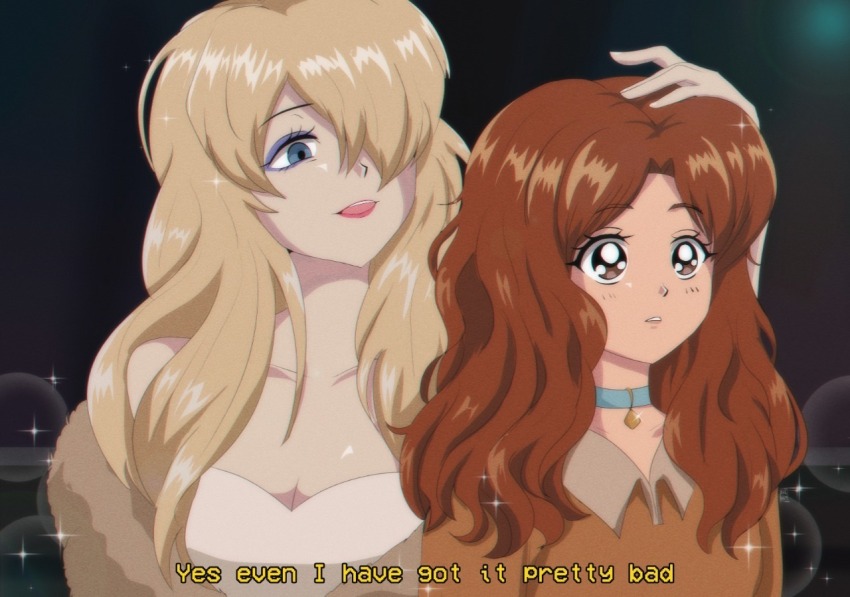 1990s_(style) 2girls animal_collar blonde_hair blue_eyes brenni_murasaki brown_dress brown_eyes brown_hair collar dog_tail dress english_text food hair_over_one_eye half-closed_eyes hand_on_another&#039;s_head humanization lady_(disney) lady_and_the_tramp light_frown makeup mascara multiple_girls open_mouth parted_lips peg_(disney) personification retro_artstyle smile tail wavy_hair