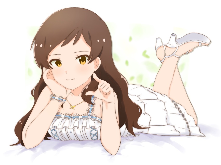 1girl brown_eyes brown_hair butterfly_necklace closed_mouth dress full_body hand_on_own_face high_heel_sandals highres hutaba idolmaster idolmaster_million_live! idolmaster_million_live!_theater_days jewelry kitazawa_shiho long_hair looking_at_viewer lying necklace official_alternate_costume on_stomach pure_onepiece_(idolmaster) sandals signature sleeveless sleeveless_dress smile solo the_pose white_background white_dress white_sandals