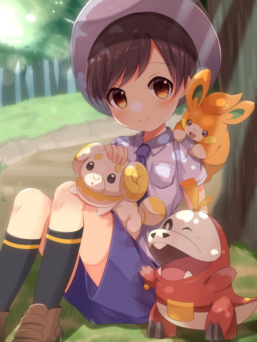 1boy black_socks blush breast_pocket brown_eyes brown_footwear brown_hair child closed_mouth commentary_request day fidough florian_(pokemon) fuecoco grey_headwear hat headpat highres knees light_rays looking_at_viewer male_focus meranoreuka_(naokentak) necktie nintendo outdoors pawmi pocket pokemon pokemon_(creature) pokemon_on_leg pokemon_sv purple_necktie purple_shorts shirt shoes short_hair short_sleeves shorts smile socks tree