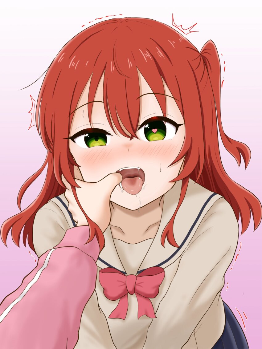 2girls bocchi_the_rock! bow bowtie brown_shirt female_pov finger_in_another&#039;s_mouth gotoh_hitori gradient_background green_eyes heart heart-shaped_pupils highres jacket kita_ikuyo looking_at_viewer multiple_girls ohhoai one_side_up open_mouth pink_background pink_bow pink_bowtie pink_jacket pov red_hair saliva school_uniform shirt shuka_high_school_uniform symbol-shaped_pupils tongue tongue_out white_background yukiyama3776m yuri