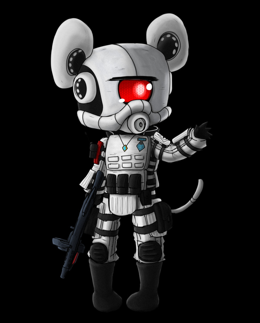 1girl absurdres animal_ears armor assault_rifle black_background black_boots black_gloves boots combine_elite combine_elite_(cosplay) commentary_request cookie_(touhou) cosplay full_body gloves gun half-life half-life_(series) half-life_2 highres holding holding_gun holding_weapon miao_miao_mao_miao_miao_fr mouse_ears mouse_girl mouse_tail nazrin nyon_(cookie) pants rifle simple_background solo standing tail touhou weapon white_armor white_background white_pants