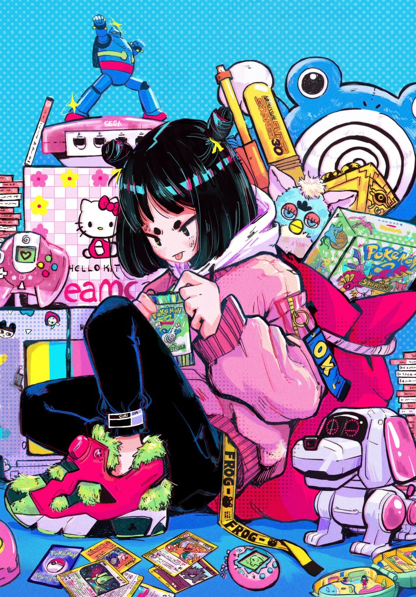 1girl absurdres aerodactyl black_hair black_pants celebi character_request charizard copyright_name copyright_request crisalys crobat drawstring furby game_console gen_1_pokemon gen_2_pokemon gengar heart hello_kitty hello_kitty_(character) highres ho-oh hood hoodie kabutops legendary_pokemon long_sleeves medium_hair millennium_puzzle mythical_pokemon nintendo omanyte omastar original pants pink_hoodie pokemon pokemon_(creature) pokemon_card pokemon_tcg poliwhirl poliwrath poo-chi red_footwear robot sanrio sega sega_dreamcast shoes spiral tamagotchi tamagotchi_(classic) tetsujin_28 tetsujin_28-gou tetsujin_28-gou_(classic) tongue tongue_out yu-gi-oh! yu-gi-oh!_duel_monsters