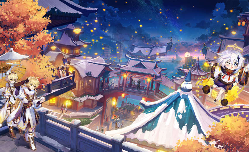 &gt;_&lt; 6+boys 6+girls :o absurdres aether_(genshin_impact) ahoge alternate_costume ankle_garter arch autumn_leaves baishi_(genshin_impact) baizhu_(genshin_impact) beidou_(genshin_impact) belt black_hairband blonde_hair blue_eyes blue_hair boat bright_pupils building chongyun_(genshin_impact) clenched_teeth cloud dress fence flower full_body fur-trimmed_jacket fur-trimmed_sleeves fur_collar fur_trim ganyu_(genshin_impact) genshin_impact hair_flower hair_ornament hairband halo hand_up highres holding holding_snowball holding_umbrella hu_tao_(genshin_impact) jacket kaedehara_kazuha keqing_(genshin_impact) lantern lantern_festival leaf lily_(flower) long_sleeves lumine_(genshin_impact) multiple_boys multiple_girls night night_sky ningguang_(genshin_impact) oil-paper_umbrella one_eye_closed outdoors pagoda paimon_(genshin_impact) paper_lantern qiqi_(genshin_impact) sky sky_lantern sleeves_past_wrists smile snow snowball star_(sky) starry_sky sunrise tartaglia_(genshin_impact) tassel teeth tree umbrella v-shaped_eyebrows walking watercraft white_dress white_footwear white_hair white_jacket white_pupils window winter xiangling_(genshin_impact) xiao_(genshin_impact) xingqiu_(genshin_impact) xinyan_(genshin_impact) yanfei_(genshin_impact) yellow_eyes yun_jin_(genshin_impact) zhongli_(genshin_impact)