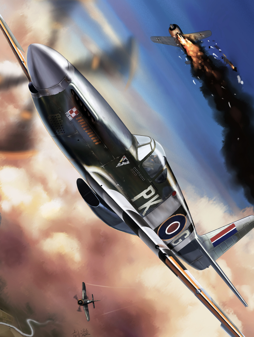 aerial_battle aircraft airplane artist_name balkenkreuz battle burning cloud cockpit contrail cross dogfight escort_fighter flying fw_190 highres killmark military military_vehicle mustang mustang_mk.iii original p-51_mustang pilot pilot_suit piloting poland polish_air_force_checkerboard polish_text propeller_fighter river sky vehicle_focus world_war_ii zuotian_de_yu