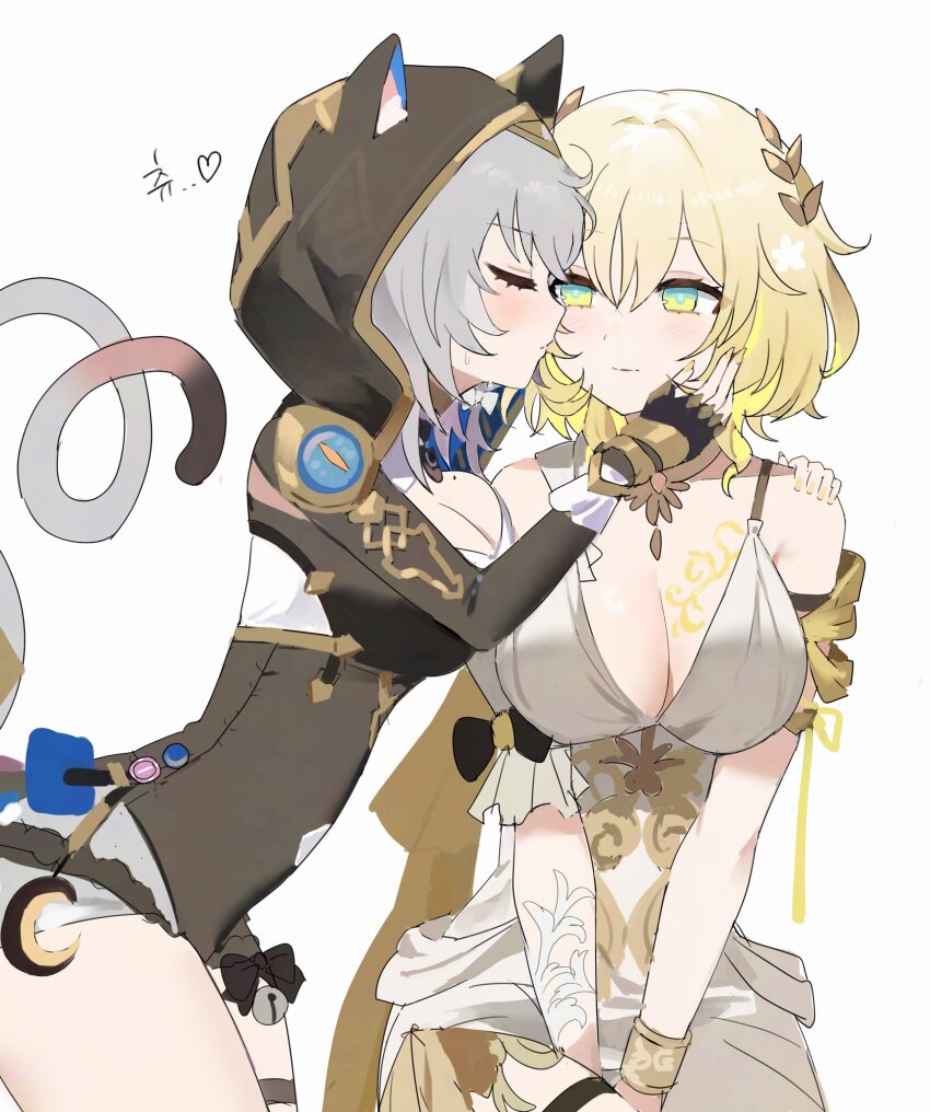 2girls aglaea_(honkai:_star_rail) animal_ears animal_hood bell blonde_hair blush bow bracelet breasts cat_ears cat_girl cat_tail chest_tattoo cipher_(honkai:_star_rail) cleavage closed_eyes dress floral_print green_eyes grey_hair hashtag-only_commentary highres honkai:_star_rail honkai_(series) hood hsk10107 jewelry kiss kissing_cheek korean_commentary large_breasts laurel_crown leotard mole mole_on_breast multiple_girls necklace tail tattoo thighs white_background yuri