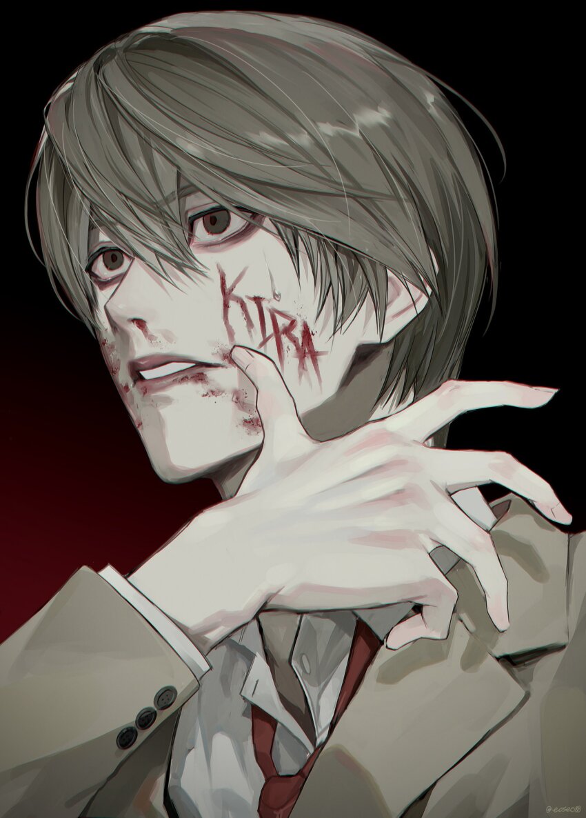 1boy absurdres black_background blood blood_on_face blood_writing brown_hair collared_shirt death_note eoseo88 finger_to_cheek gradient_background highres long_sleeves male_focus necktie nosebleed red_background red_necktie shirt teeth white_shirt yagami_light