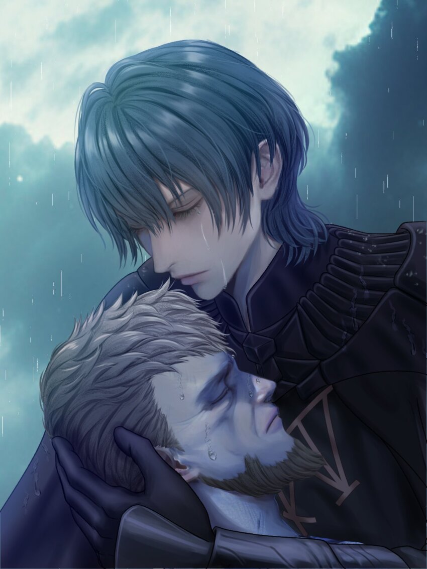 2boys armor black_cape black_gloves black_shirt blonde_hair male_byleth_(fire_emblem) cape closed_eyes closed_mouth commentary commentary_request death english_commentary facial_hair father_and_son fire_emblem fire_emblem:_three_houses frown gloves goatee gorget green_hair hair_behind_ear hair_between_eyes highres holding jeralt_reus_eisner male_focus mixed-language_commentary multiple_boys nintendo rain shirt sideburns spoilers upper_body wet wolf_cut wrainbow13