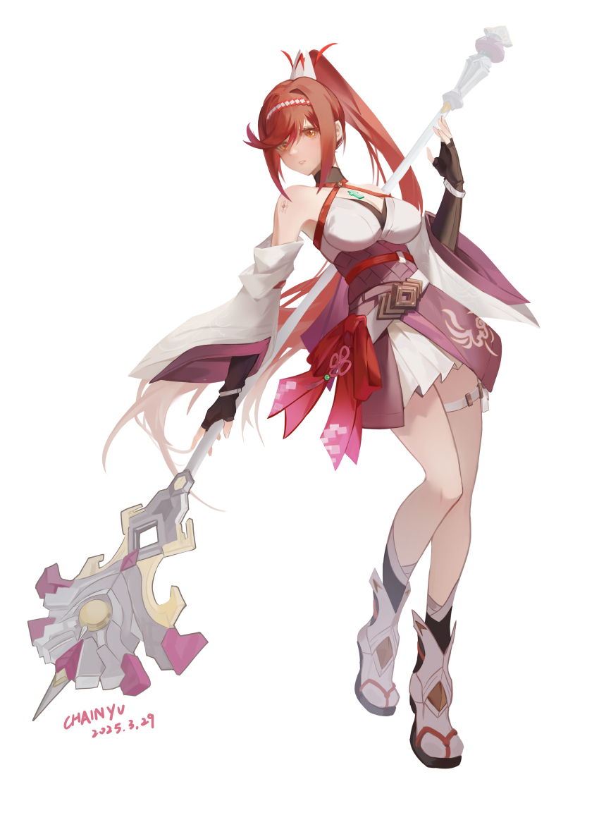 1girl absurdres artist_name bare_shoulders black_gloves breasts chain_yu chest_jewel commentary_request core_crystal_(xenoblade) criss-cross_halter dated detached_sleeves fingerless_gloves full_body glimmer_(xenoblade) gloves halterneck hand_up high_ponytail highres holding holding_polearm holding_weapon japanese_clothes kimono large_breasts long_hair looking_at_viewer obi orange_eyes parted_lips polearm ponytail red_hair sandals sash sidelocks simple_background solo standing standing_on_one_leg tabi thigh_strap weapon white_background white_kimono xenoblade_chronicles_(series) xenoblade_chronicles_3 zouri