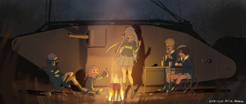 &gt;_&lt; artist_name autism_wanderer bare_tree beer_bottle black_footwear black_hair blonde_hair blue_jacket blunt_bangs bob_cut boots bottle campfire camping_chair chair closed_eyes closed_mouth commentary crossed_legs curly_hair cutlass_(girls_und_panzer) dated dixie_cup_hat embers facing_viewer fire flint_(girls_und_panzer) folding_chair folding_stool girls_und_panzer hat highres holding holding_bottle holding_microphone indian_style jacket long_hair long_sleeves maid_headdress mark_iv_tank microphone military military_hat military_uniform military_vehicle miniskirt motor_vehicle murakami_(girls_und_panzer) music night ogin_(girls_und_panzer) one-hour_drawing_challenge ooarai_military_uniform open_mouth outdoors pleated_skirt red_hair rum_(girls_und_panzer) shadow short_hair silver_hair singing sitting skirt sleeves_rolled_up smile standing table tank tree white_skirt