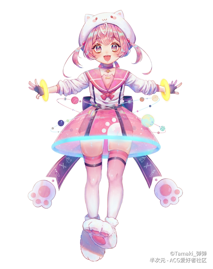 1girl :d animal_hands animal_hat back_bow balancing bcy black_gloves bow bracelet cat_hat cat_paws fingerless_gloves full_body gloves gradient_legwear hat highres jewelry long_sleeves looking_at_viewer neon_trim open_mouth original outstretched_arms paw_shoes pink_eyes pink_hair pink_sailor_collar pink_skirt pink_thighhighs sailor_collar school_uniform see-through_clothes see-through_skirt serafuku skirt smile solo tamaki_(tamaki599) thighhighs twintails white_background white_footwear white_serafuku white_thighhighs