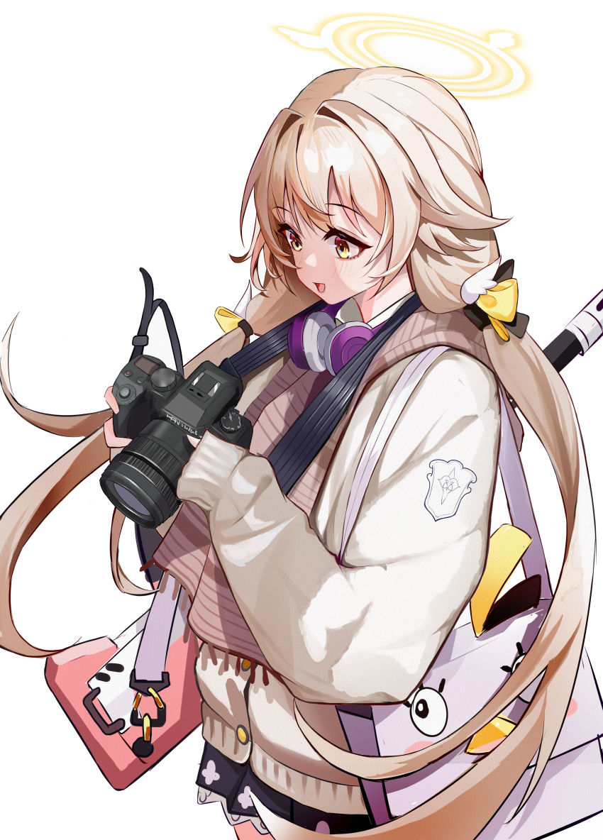 1girl :d absurdres amamiyayk assault_rifle black_bow black_skirt blue_archive blush bow brown_cardigan brown_eyes bullpup camera cardigan commentary cowboy_shot eyelashes fringe_trim from_side gun hair_between_eyes hair_bow hair_intakes hair_ornament halo hands_up happy headphones hifumi_(blue_archive) highres holding holding_camera l85 light_brown_hair long_hair long_sleeves looking_at_object low_twintails miniskirt open_mouth pink_scarf pleated_skirt rifle scarf simple_background skirt sleeves_past_wrists smile solo twintails very_long_hair weapon white_background wing_hair_ornament yellow_halo