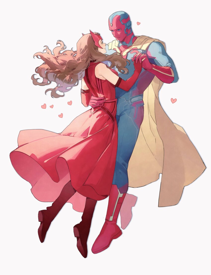1boy 1girl absurdres al_(ahr) back bare_shoulders blue_bodysuit blue_eyes blue_skin bodysuit boots breasts brown_hair cape closed_mouth colored_skin couple dress elbow_gloves fingerless_gloves flying forehead_jewel full_body gloves green_eyes hand_up heart hetero highres holding holding_hands long_hair looking_at_another marvel marvel_cinematic_universe mask mask_on_head medium_breasts multicolored_skin open_mouth pink_mask red_dress red_footwear red_gloves red_skin scarlet_witch simple_background sleeveless sleeveless_dress smile vision_(marvel) wanda_maximoff wandavision wavy_hair white_background yellow_cape