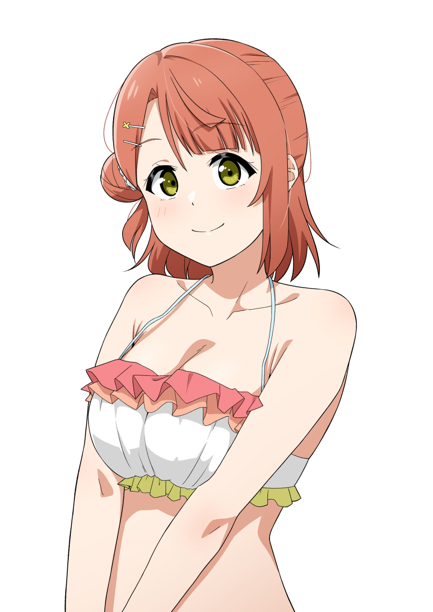 1girl absurdres bikini blunt_bangs breasts cleavage collarbone commentary frilled_bikini frills green_eyes hair_bun hair_ornament hairclip half_updo highres large_breasts looking_at_viewer love_live! love_live!_nijigasaki_high_school_idol_club love_live!_nijigasaki_high_school_idol_club_the_movie_-_finale medium_hair official_alternate_costume ohrinas orange_hair simple_background single_side_bun solo swept_bangs swimsuit uehara_ayumu upper_body v_arms white_background white_bikini