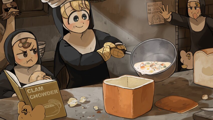 3girls bird blonde_hair blue_eyes book bread brown_eyes brown_hair chef_hat chicken clam_chowder_(food) clumsy_nun_(diva) commentary diva_(hyxpk) duck duckling english_commentary food froggy_nun_(diva) gem hat highres holding_saucepan little_nuns_(diva) mole mole_on_cheek multiple_girls nun ostrich oven_mitts pearl_(gemstone) saucepan smile strict_nun_(diva) traditional_nun