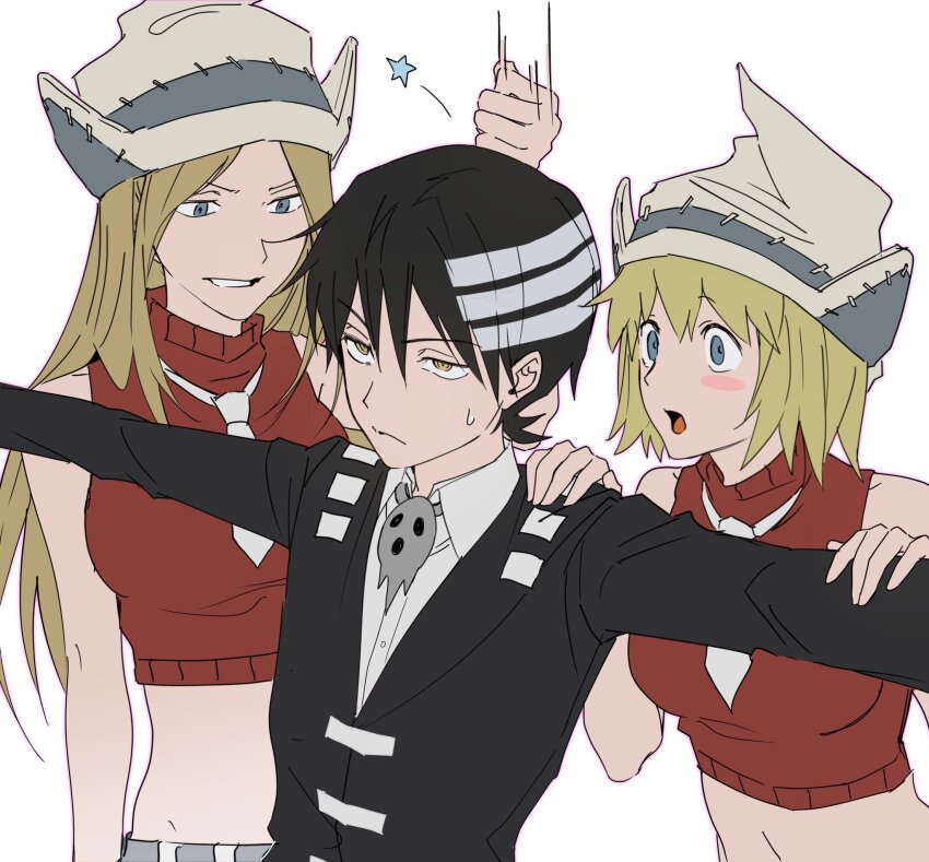 1boy 2girls black_hair black_jacket blonde_hair blue_eyes breasts cgvske1003 closed_mouth collared_shirt crop_top death_the_kid elizabeth_thompson grey_hat hair_between_eyes hand_on_another&#039;s_shoulder hat highres jacket long_hair long_sleeves medium_breasts midriff multicolored_hair multiple_girls necktie outstretched_arms patricia_thompson shirt short_hair short_necktie simple_background sleeveless sleeveless_turtleneck soul_eater star_(symbol) sweat turtleneck upper_body white_background white_hair white_shirt yellow_eyes