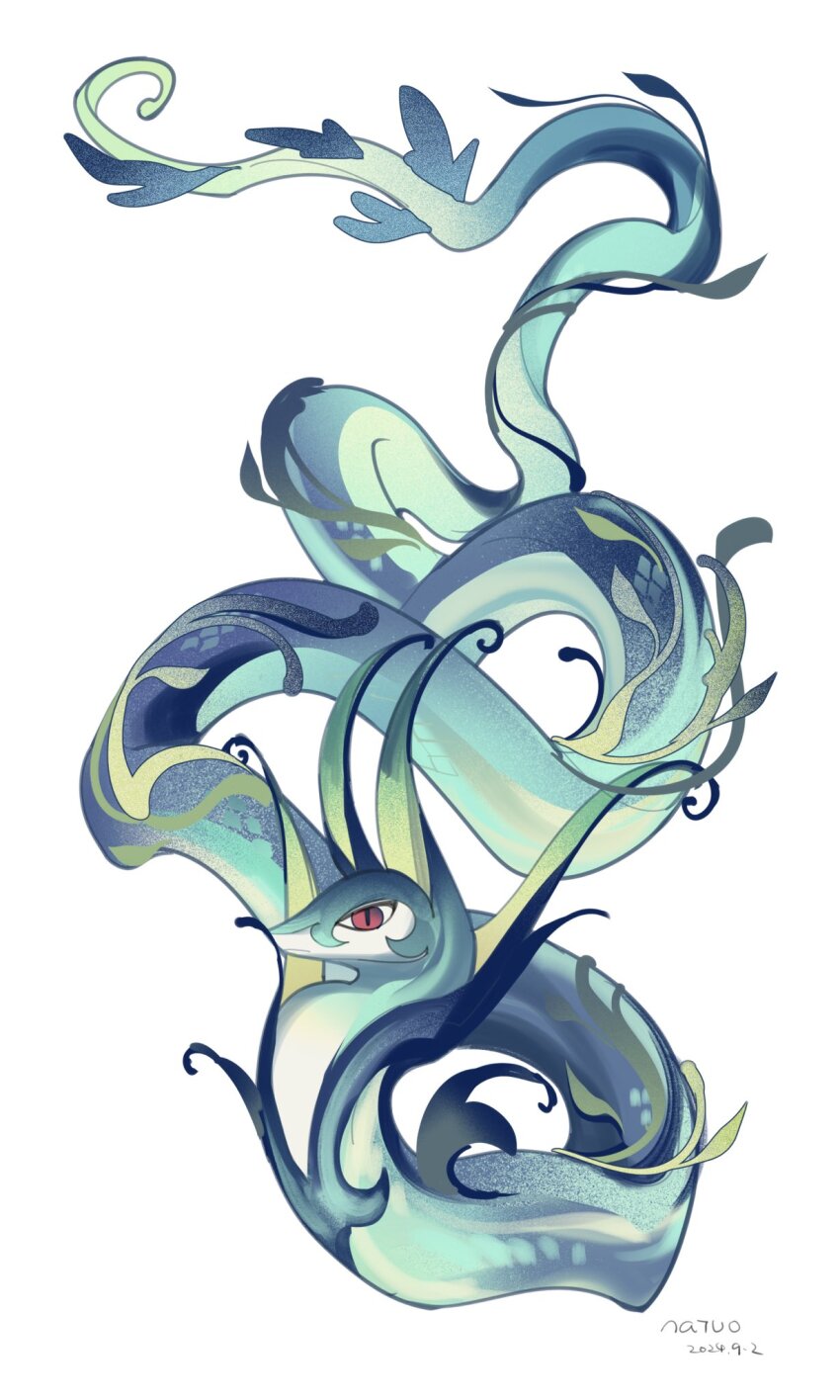 colored_skin dated gen_5_pokemon green_skin highres nintendo no_humans plant pokemon pokemon_(creature) pokemon_focus red_eyes serperior simple_background slit_pupils solo tianlang_fenghuo twitter_username vines white_background